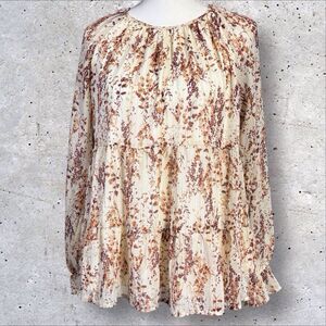 Andree By Unit Tiered Floral Top Cream Brown Semi Sheer Large Boho Peasant